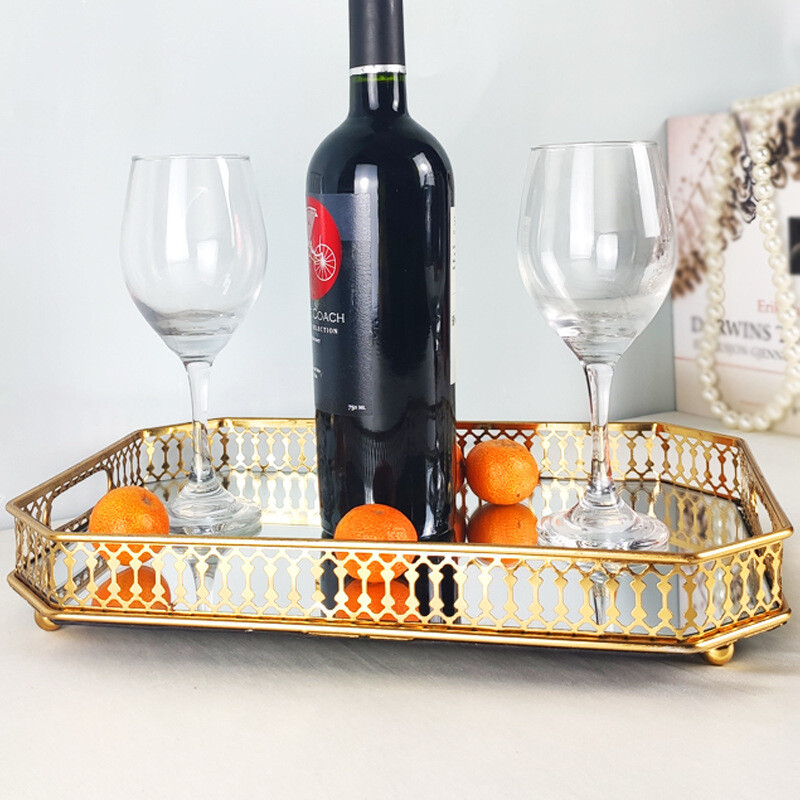 Golden Glass Mirror Tray Party Fruit Snack Decoration Wedding Props