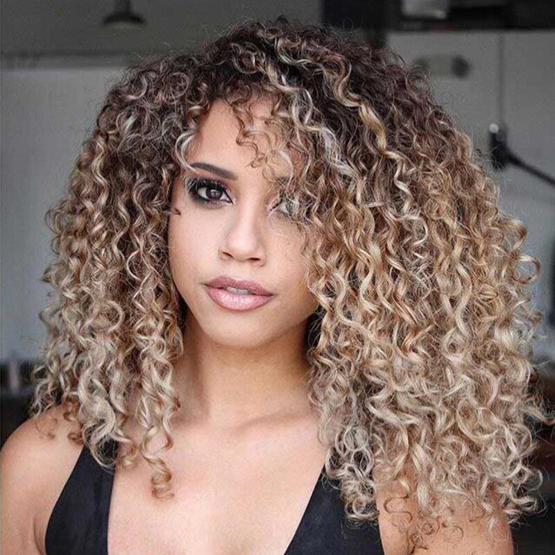 African curly wig, synthetic hair, black chestnut, blue-brown, long curly hair