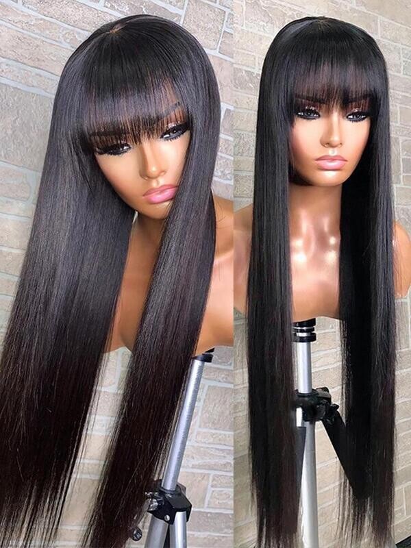 Real Hair Color Burgundy Bangs Straight Human Hair Wigs