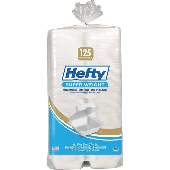 Hefty Foam Container, 6 Hefty Foam Container, 6"L x 6"W, White, 125 ct