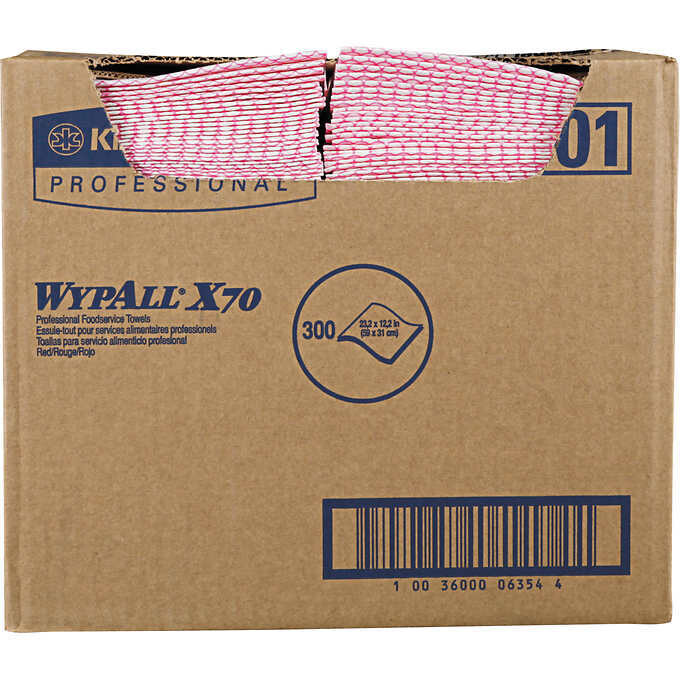 WypAll X70 Foodservice Towels, 12-1/2 WypAll X70 Foodservice Towels, 12-1/2"L x 23-1/2"W, Red/White, 300 ct