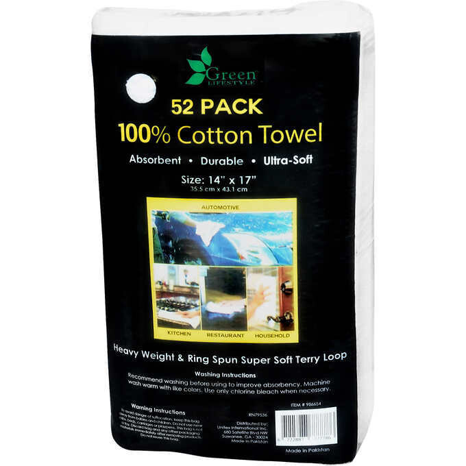 Unitex 100% Cotton Towels, 14"L x 17"W, White, 52 ct