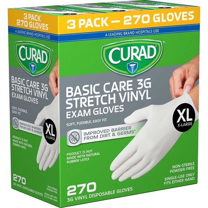 Curad Basic Care 3G Vinyl Exam Gloves, Extra Large, 270 ct