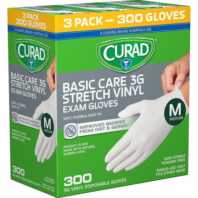 Curad Basic Care 3G Vinyl Exam Gloves, Medium, 300 ct