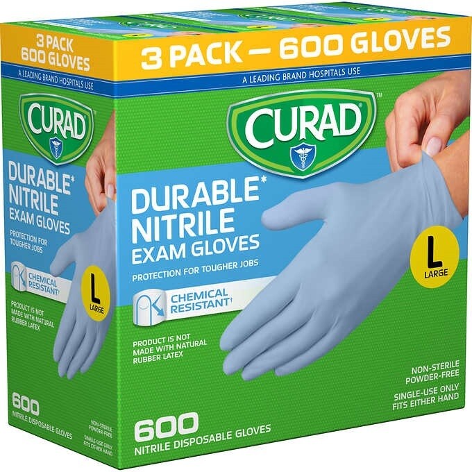 Curad Durable Nitrile Exam Gloves, Large, 600 ct