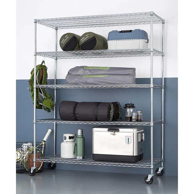 TRINITY 5-Tier Heavy Duty Wire Shelving Rack, 60" x 24" x 72" NSF, Includes Wheels, Chrome