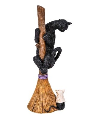 13'' Black Cat Climbing Broom Figurine