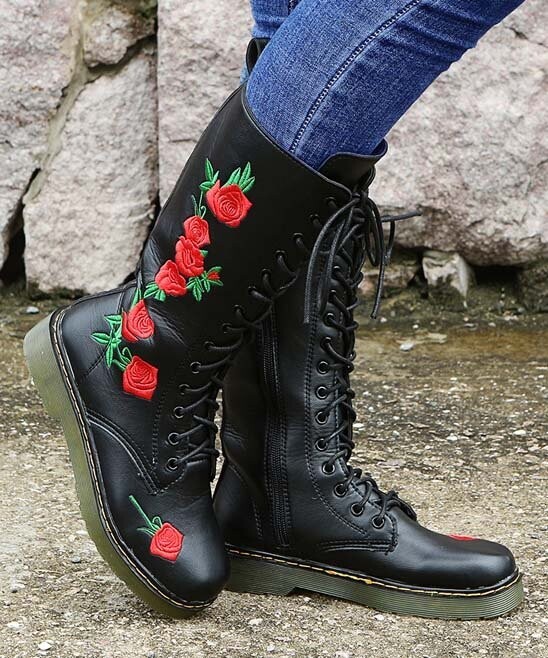 Black & Red Rose Combat Boots - Women