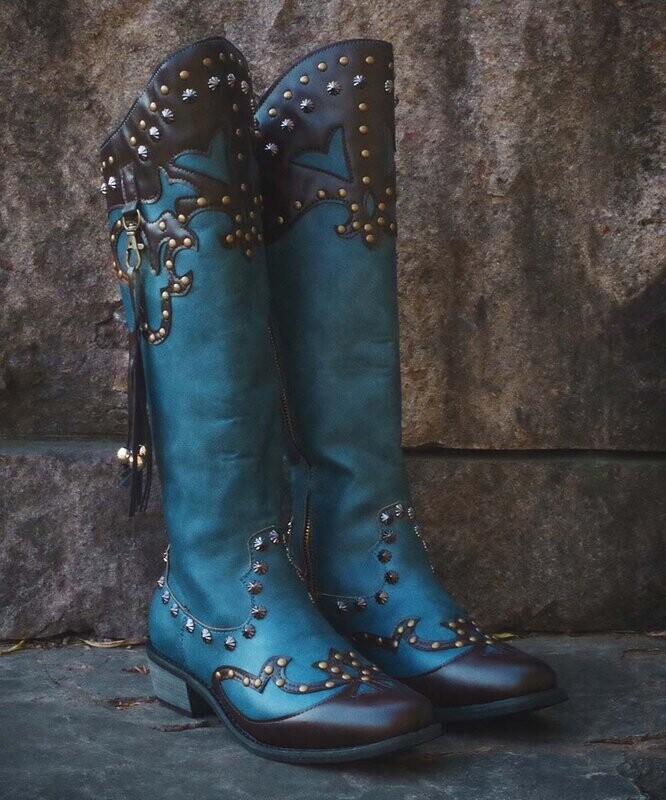 Blue & Brown Rivet-Accent Knight Cowboy Boot - Women