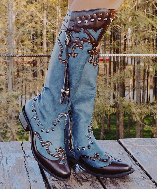 Blue & Brown Embossed Knee-High Cowboy Boot - Women