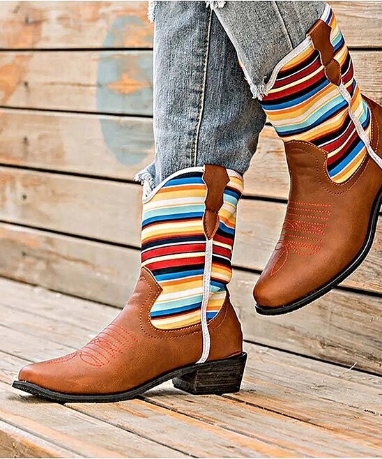 Brown & Yellow Multi-color Stripe-Accent Cowboy Boot - Women