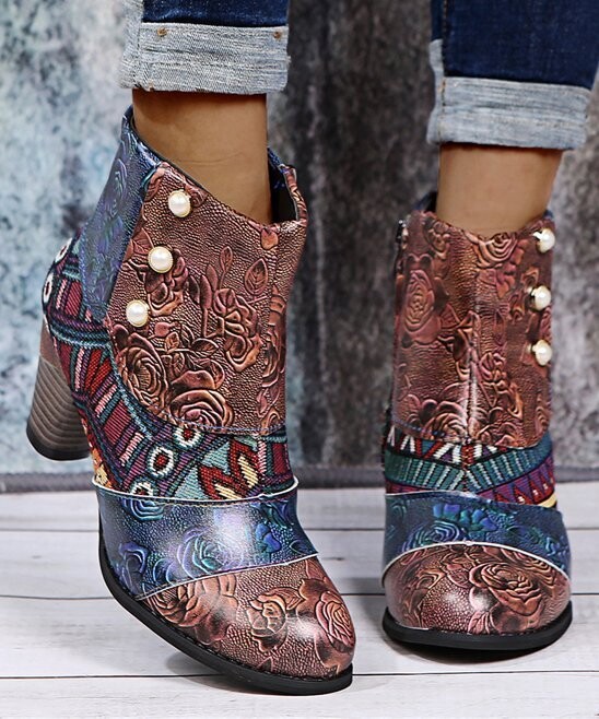 Floral & Geometric Patchwork Ankle Boot - Women