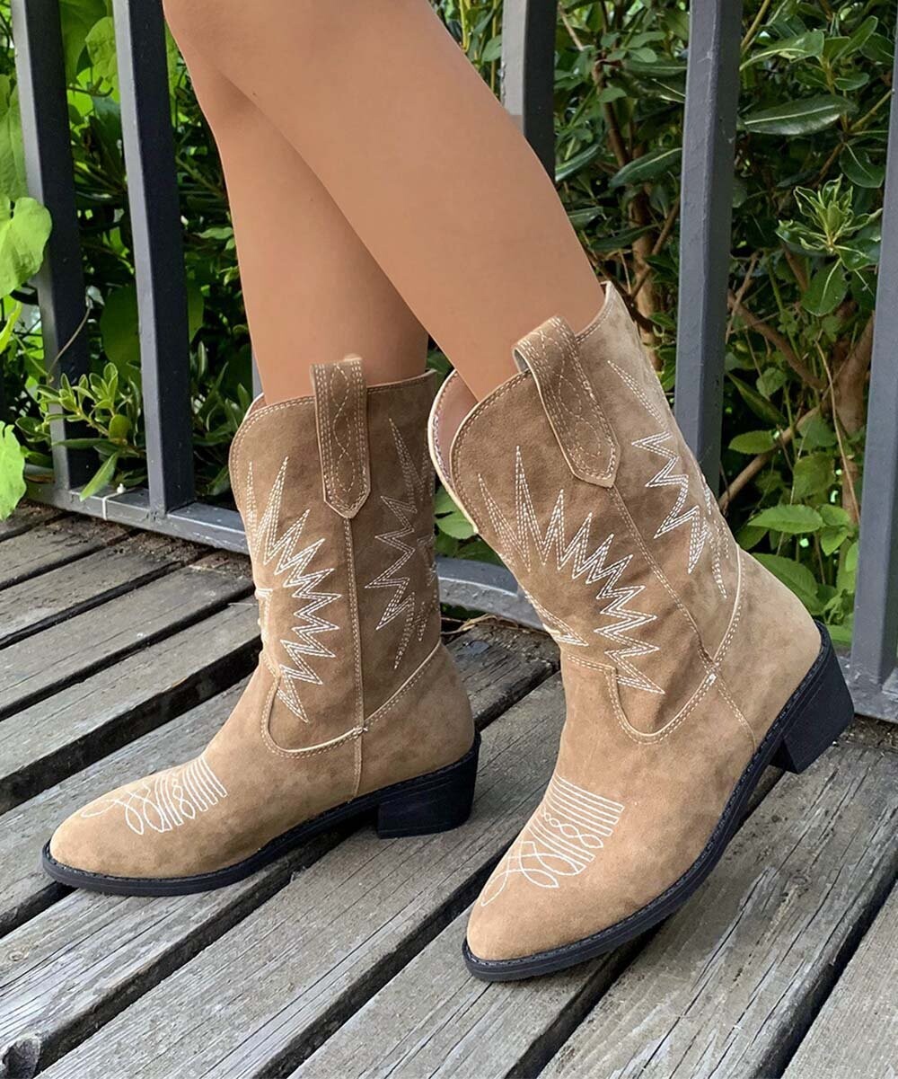 Embroidered Mid-Calf Cowboy Boot - Women Embroidered Mid-Calf Cowboy Boot - Women