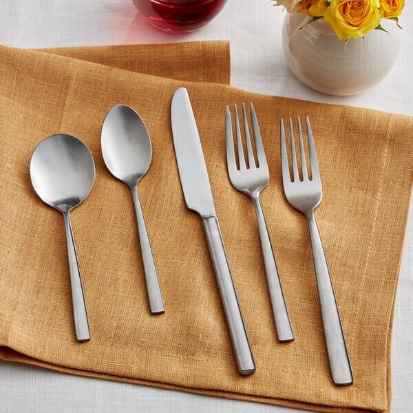Acopa Petra 18/8 Distressed Stainless Steel Extra Heavy Weight Flatware Set with Service for 12 - 60/Pack Acopa Petra 18/8 Distressed Stainless Steel Extra Heavy Weight Flatware Set with Service for 12 - 60/Pack