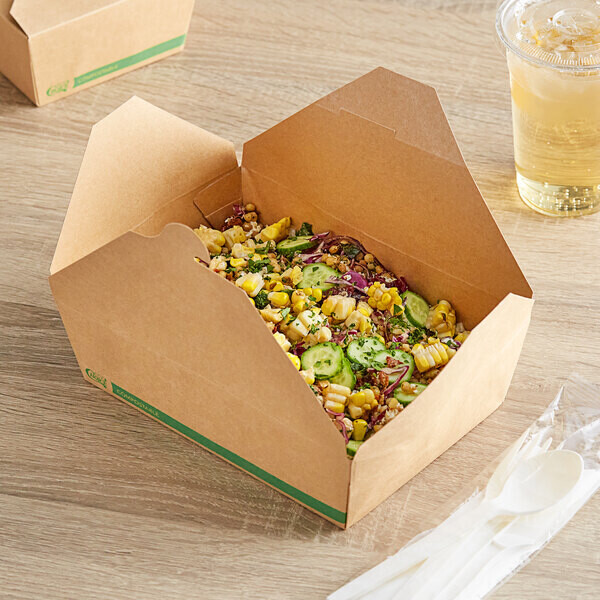 EcoChoice 7 7/8 EcoChoice 7 7/8" x 5 1/2" x 3 1/2" Kraft PLA Lined Compostable #4 Take-Out Container - 160/Case