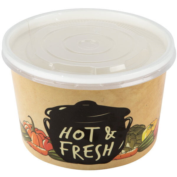 Choice 8 oz. Medley Double Poly-Coated Paper Soup / Hot Food Cup with Vented Plastic Lid - 250/Case Choice 8 oz. Medley Double Poly-Coated Paper Soup / Hot Food Cup with Vented Plastic Lid - 250/Case