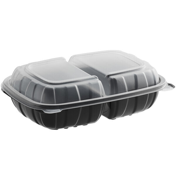 Choice 9 Choice 9" x 6" x 3" Microwaveable 2-Compartment Black / Clear Plastic Hinged Container - 100/Case