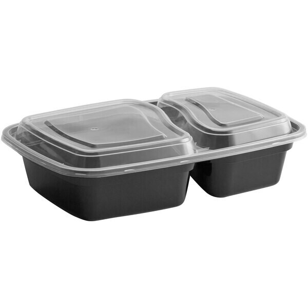 Choice 30 oz. Black 8 3/4 Choice 30 oz. Black 8 3/4" x 6" x 2 3/4" 2-Compartment Rectangular Microwavable Heavy Weight Container with Lid - 150/Case