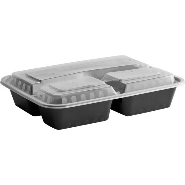 Choice 32 oz. Black 9 3/4 Choice 32 oz. Black 9 3/4" x 7 1/4" x 2" 3-Compartment Rectangular Microwavable Heavy Weight Container with Lid - 150/Case