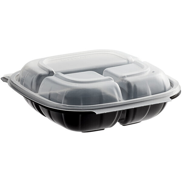 Choice 8 Choice 8" x 8" x 3" Microwaveable 3-Compartment Black / Clear Plastic Hinged Container - 100/Case