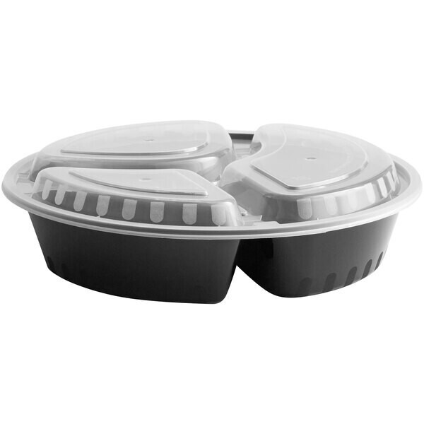 Choice 33 oz. Black 9 Choice 33 oz. Black 9" Round 3-Compartment Microwavable Heavy Weight Container with Lid - 150/Case