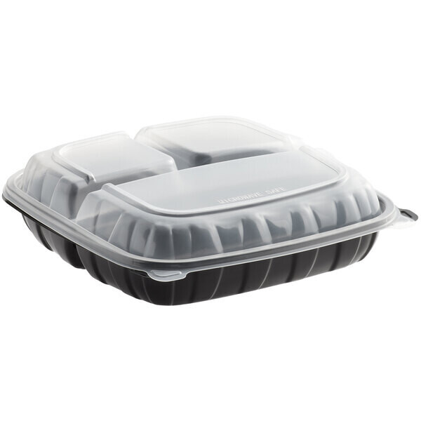 Choice 10 Choice 10" x 10" x 3" Microwaveable 3-Compartment Black / Clear Plastic Hinged Container - 100/Case