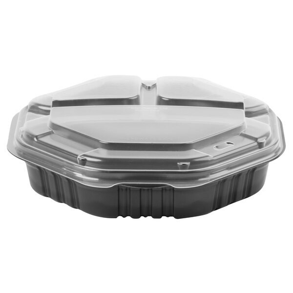 Solo 809014-PP94 Creative Carryouts OctaView Supreme 9" x 9" x 3" Black 3-Compartment Microwaveable Plastic Hinged Take-Out Container - 100/Case