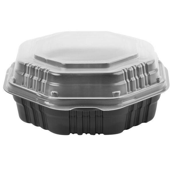 Solo 807011-PP94 Creative Carryouts OctaView Supreme 8 Solo 807011-PP94 Creative Carryouts OctaView Supreme 8" x 8" x 3" Black Microwaveable Plastic Hinged Take-Out Container - 100/Case