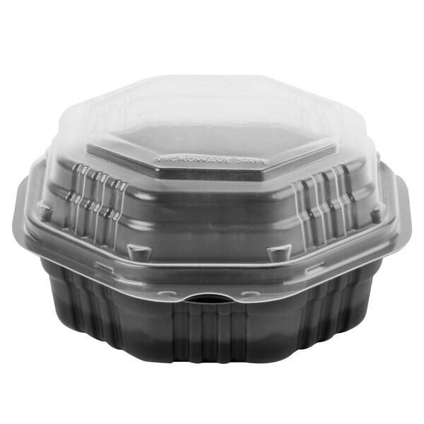 Solo 806011-PP94 Creative Carryouts OctaView Supreme 6 Solo 806011-PP94 Creative Carryouts OctaView Supreme 6" x 6" x 3" Black Microwaveable Plastic Hinged Take-Out Container - 200/Case