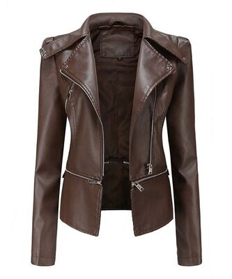 GYK | Coffee Zip Lapel Faux-Leather Moto Jacket - Women