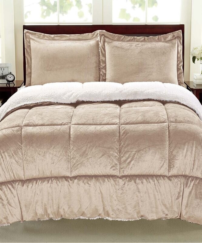 Cathay Home | Camel Faux Fur & Sherpa Reversible Comforter Set