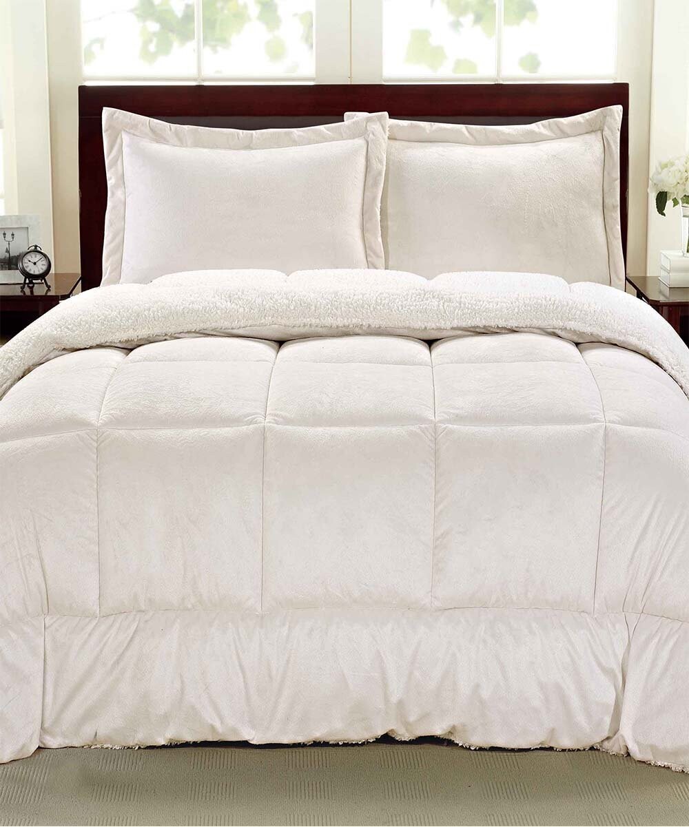 Cathay Home | Ivory Faux Fur & Sherpa Reversible Comforter Set