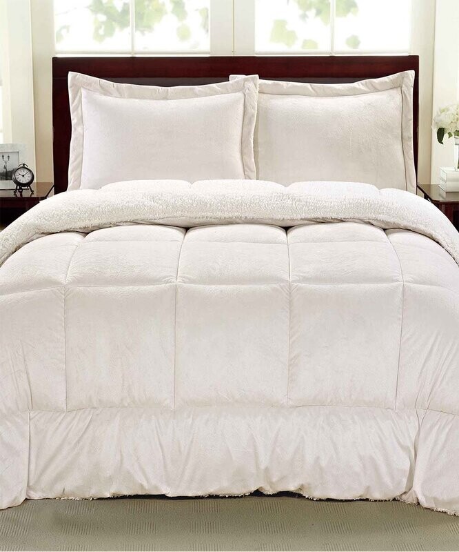 Cathay Home | Ivory Faux Fur & Sherpa Reversible Comforter Set