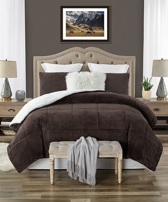 Cathay Home | Chocolate Faux Fur & Sherpa Reversible Comforter Set