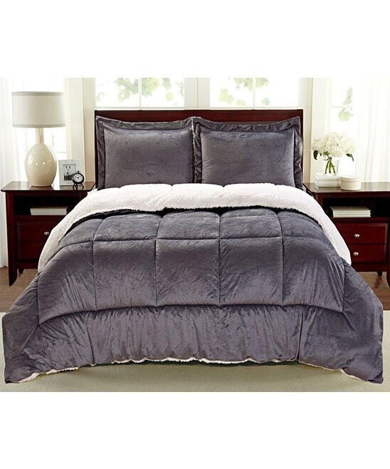 Cathay Home | Pewter Faux Fur & Sherpa Reversible Comforter Set