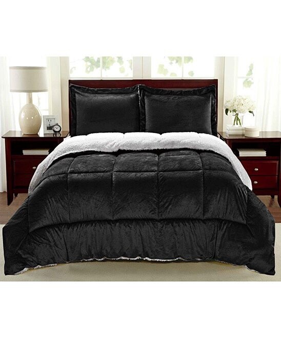 Cathay Home | Black Faux Fur & Sherpa Reversible Comfortable Set