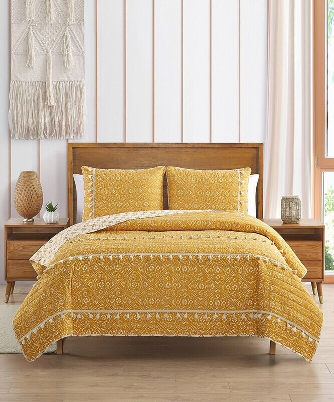 Yellow Medallion Pasadena Tassel-Trim Microfiber Quilt Set