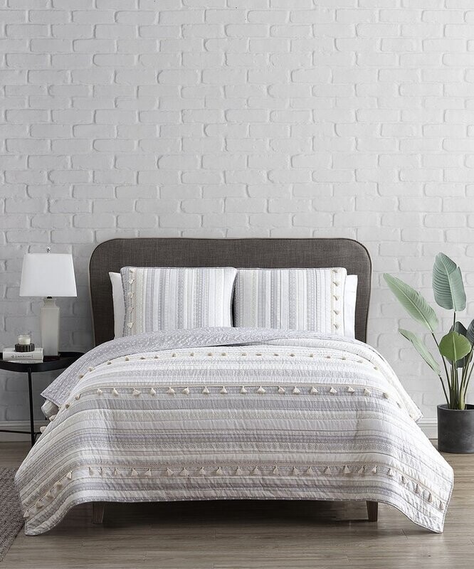 Gray Boho Ribbon Tassel-Trim Microfiber Quilt Set