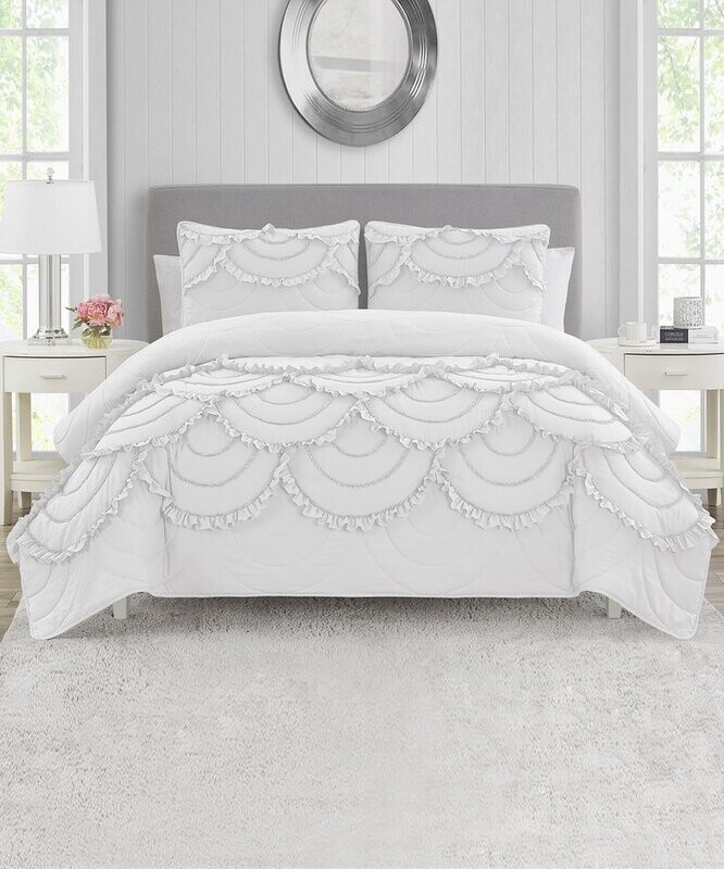 White Scallop Ruffle-Trim Quilt Set