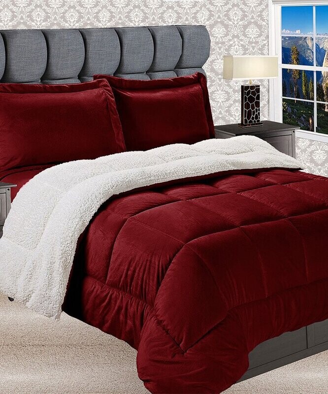 Burgundy Sherpa-Lined Quilted Comforter Set