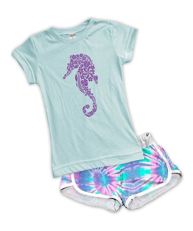 Light Aqua Seahorse Fitted Tee & Blue Tie-Dye Shorts - Toddler & Girls