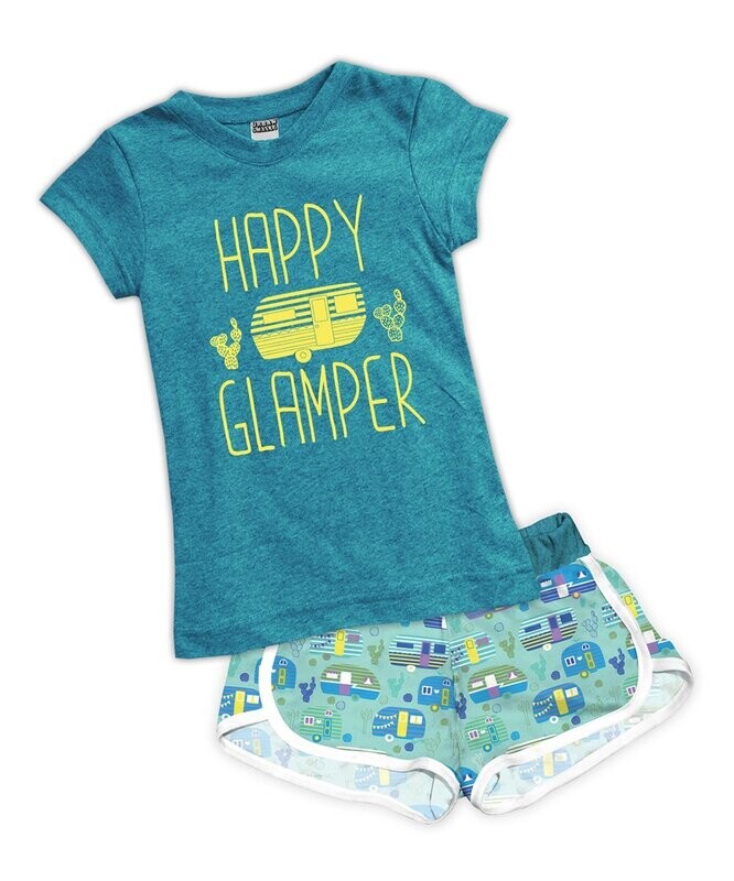 Teal 'Happy Glamper' Fitted Tee & Blue Camping Shorts - Toddler & Girls