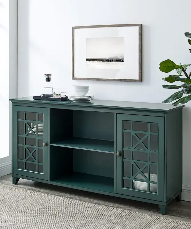 Antique Dark Teal Transitional Two-Door Fretwork Sideboard