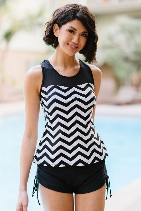 Black White Zigzag Print Mesh Splice 2pcs Tankini Swimsuit