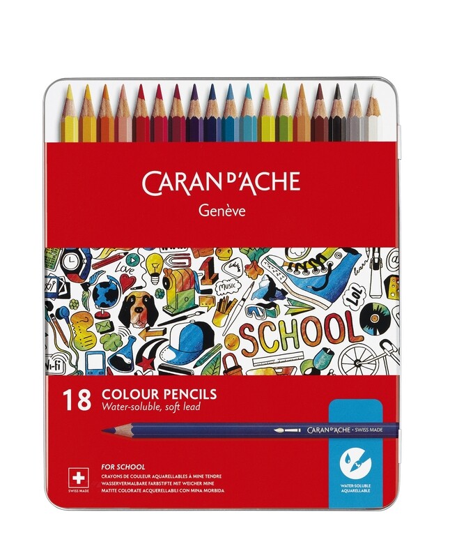 Caran D&#39;Ache Water soluble Pencils Metal Box 18 Shades