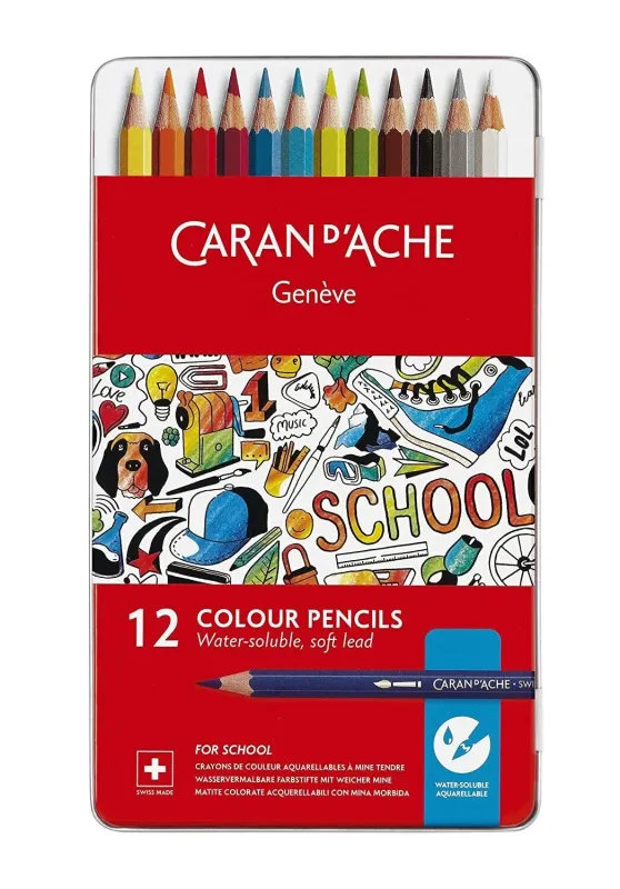 Caran D&#39;Ache Water Soluble Pencils Metal Box 12 Shades
