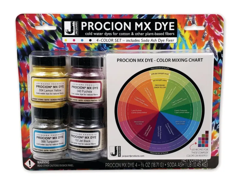 Jacquard Procion Mx Dye 4 Color Set with Soda Ash and Color Mixing Chart - Lemon Yellow - Fuchsia - Turquoise - Jet Black