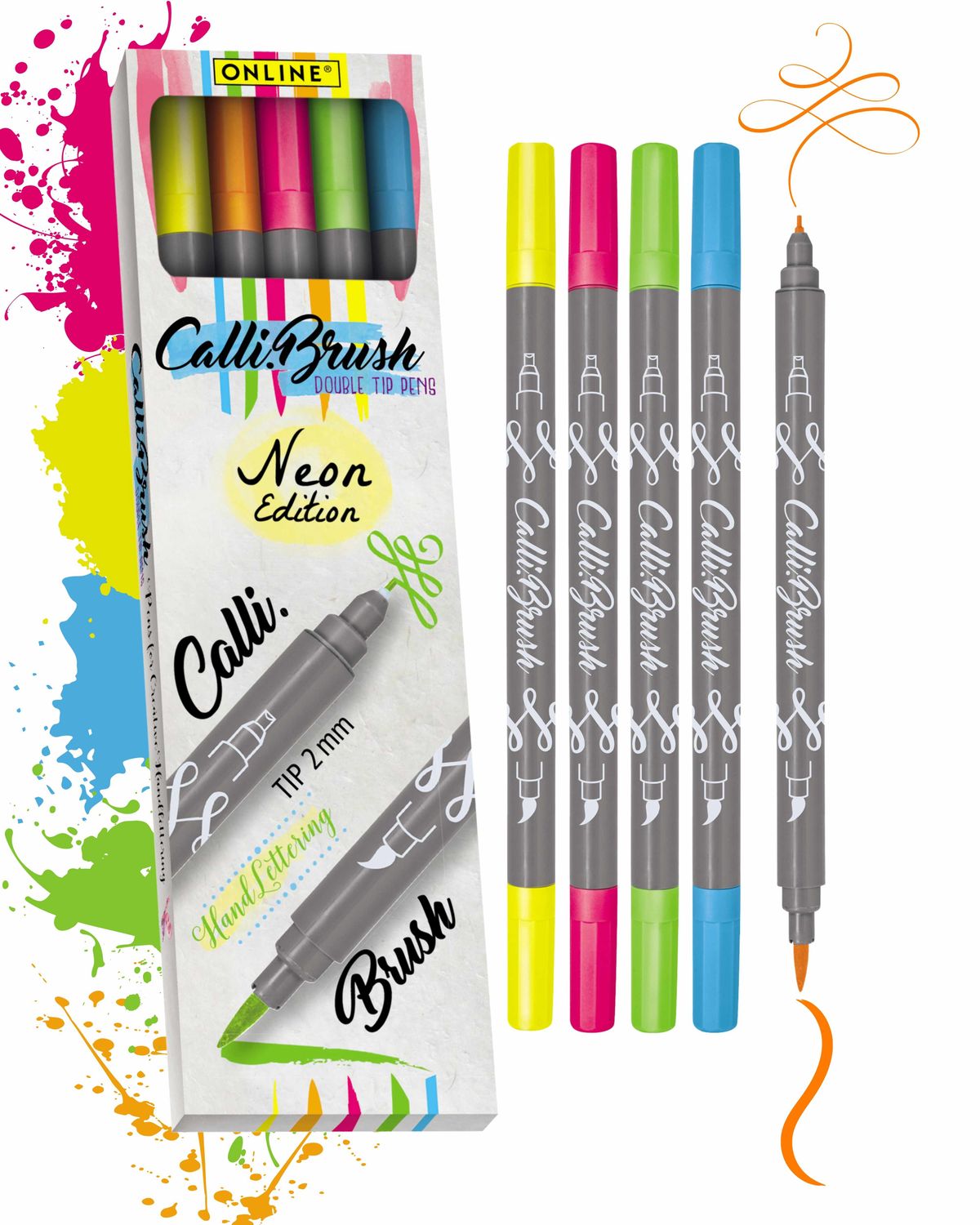 ONLINE Calligraphy Brush NEON Brush Pens – Set of 5 (Double Tip)