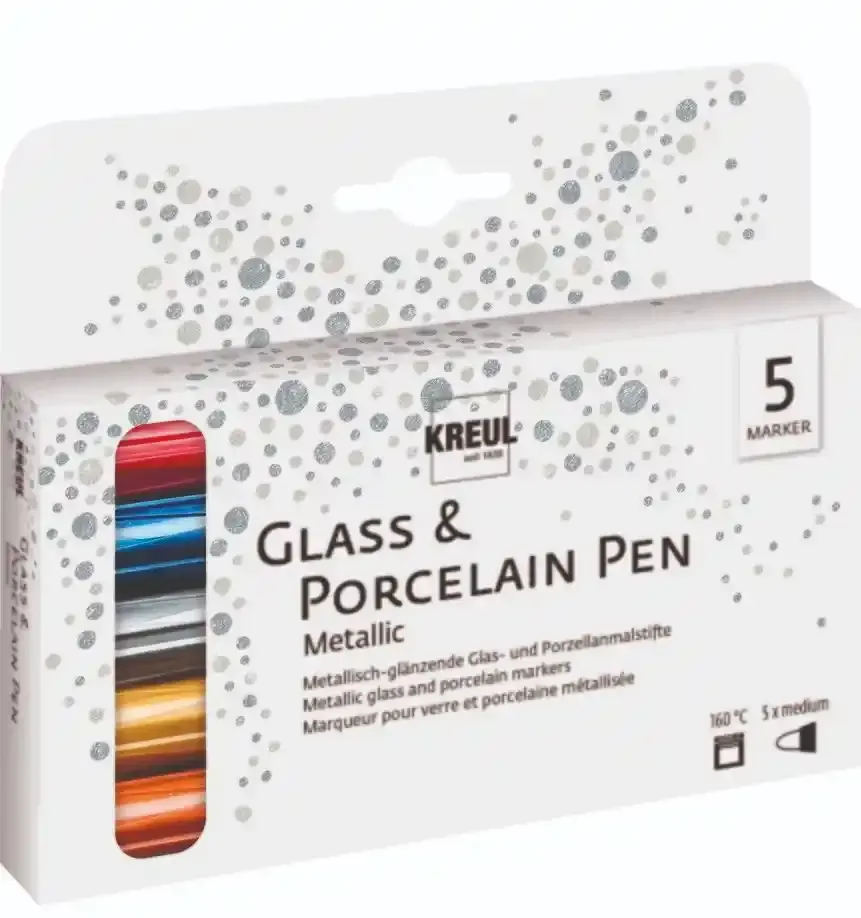 KREUL Glass &amp; Porcelain Pen Metallic medium set of 5 with colored markers