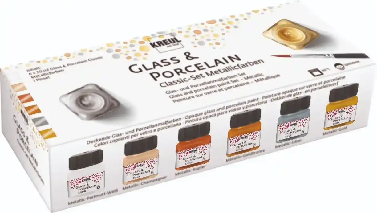 KREUL Glass &amp; Porcelain Classic metallic paint set with 6 jars and brush in cardboard box.